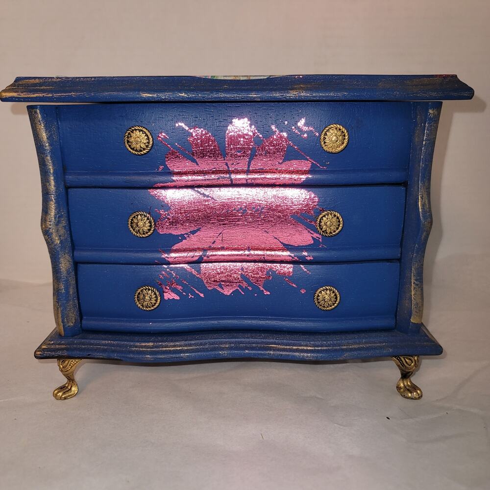 GLAM Handpainted blue metallic Custom 2 drawer musical jewelry box trinket stash